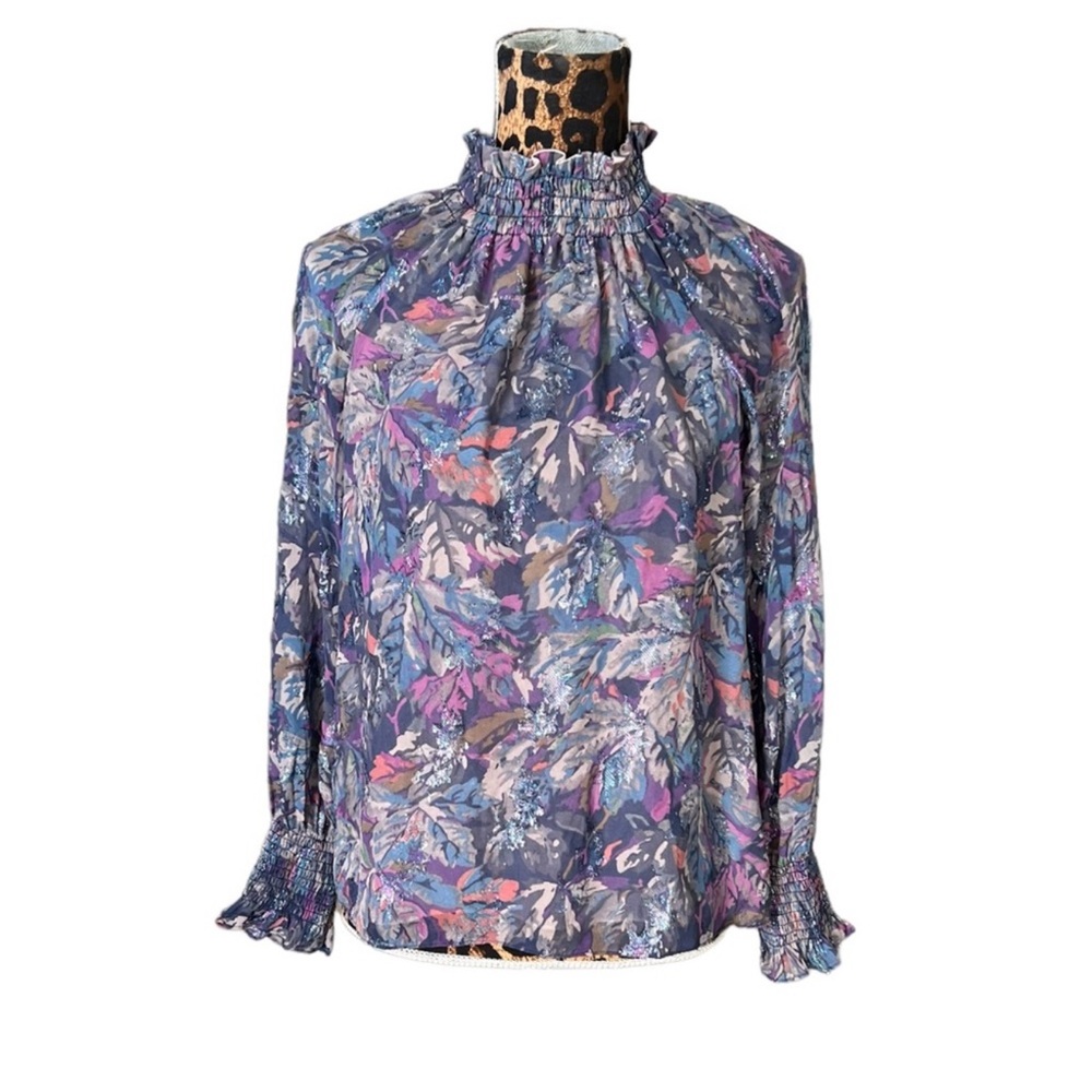 Rebecca Taylor Women Purple Long Sleeve Silk Top Metallic Sz 0 💟